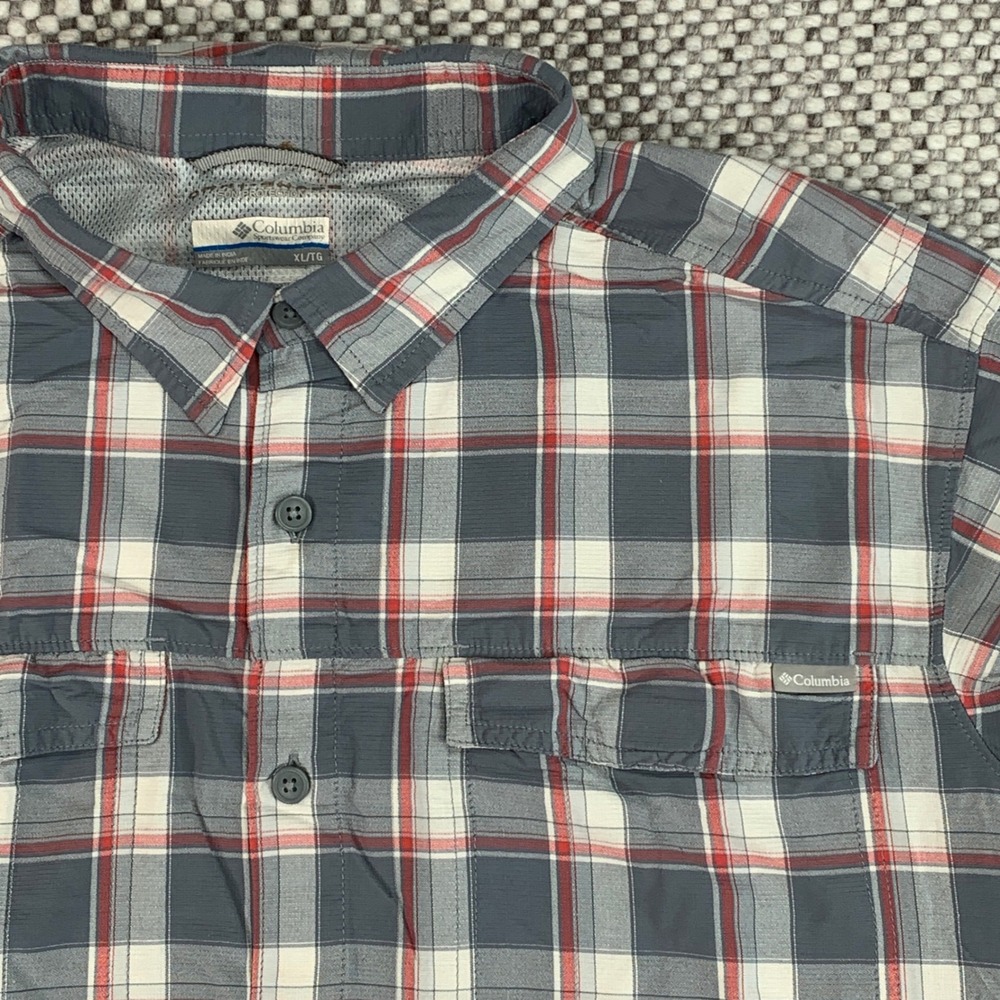 Columbia Button Down Shirt Mens XL Grey Red Plaid Omni-Shade Vented Hiking Trail